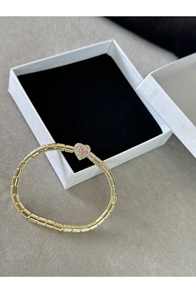 Zirkon Taşlı Esnek Kadın Bileklik Gold Kelepçe Kalp