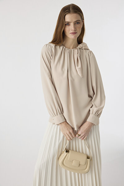 Zühre Beige Blouse with Polka Dot Scarf and Pleated Detail 0142