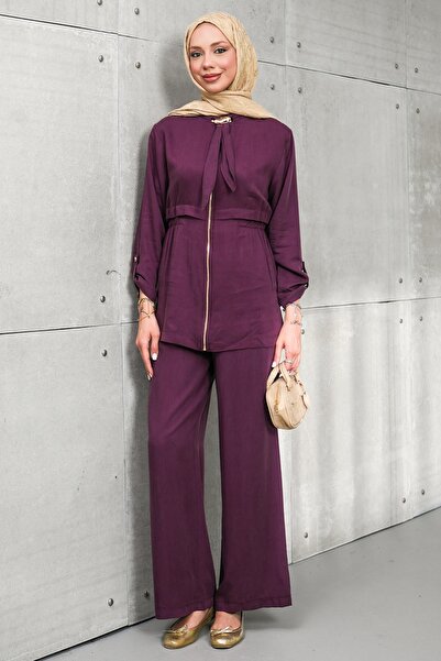İmajButik Plum Waist Elastic Zippered Jacket and Trousers Set