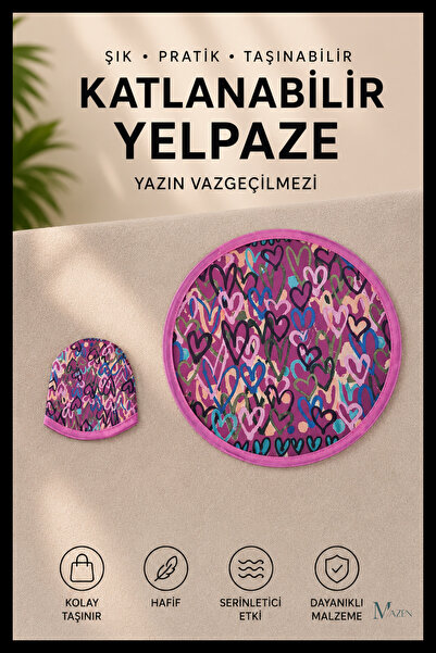 MAZEN Kalp Desenli Katlanabilir Yuvarlak Yazlık Taşınabilir El Yelpazesi