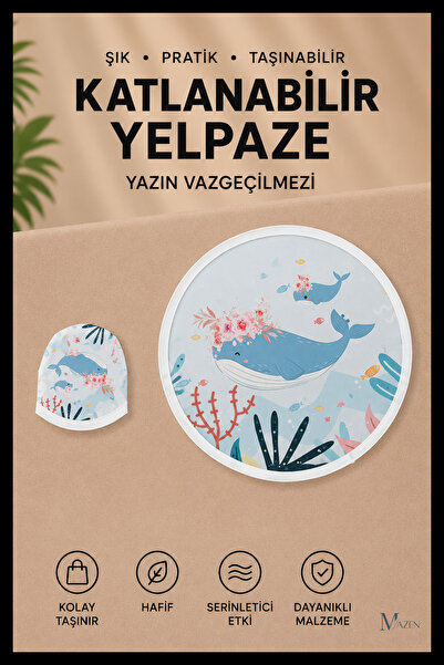 MAZEN Balina Desenli Katlanabilir Yuvarlak Yazlık Taşınabilir El Yelpazesi
