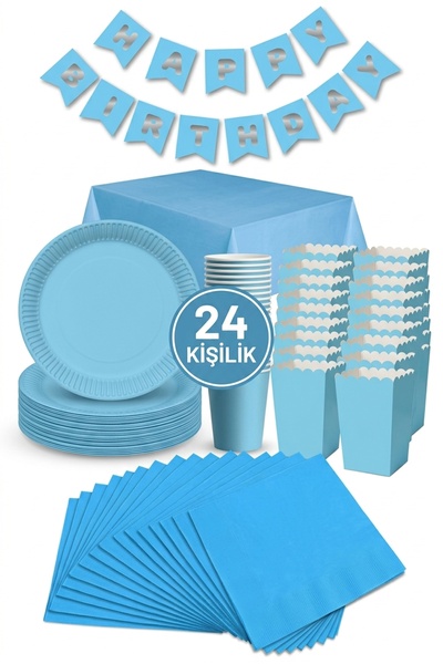 KullanAtParty 24 Kişilik Mavi Temalı Full Parti Seti - Düz Renk Doğum Günü So...