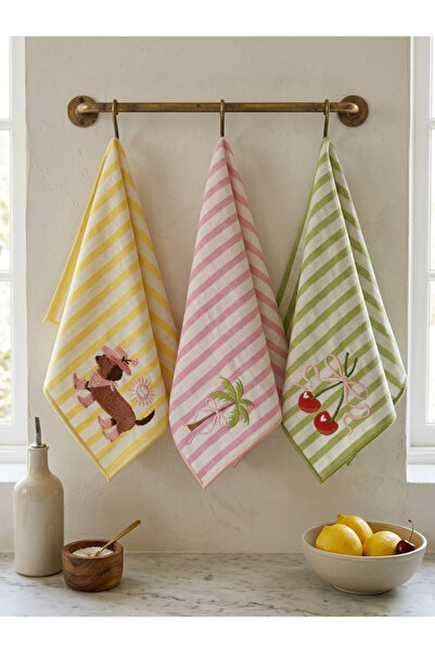 LİONYA DESİGN Set of 3 Embroidered Decorative Hand Towels – 100% Cotton, Stri...