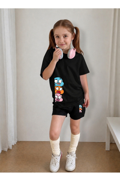 LORVEX Set de tricou și pantaloni scurți pentru fete, din bumbac imprimat, co...
