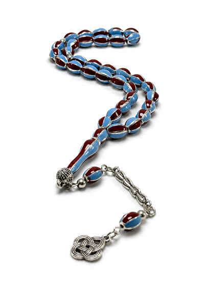 Deniz Elmasları Light Blue Burgundy Metal Prayer Beads Enamel Handcrafted Ova...
