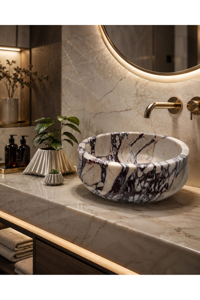 Belle Vie Menekşe Taş Doğal Mermer Lavabo – El İşçiliği Lüks Banyo Vessel Sink
