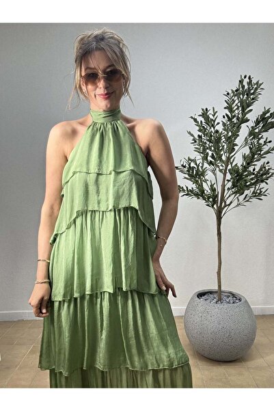 Düşes Butik İTHAL BOYUNDAN BAĞLAMALI KAT KAT İPEK ABİYE ELBİSE 6153-Yeşil - STD
