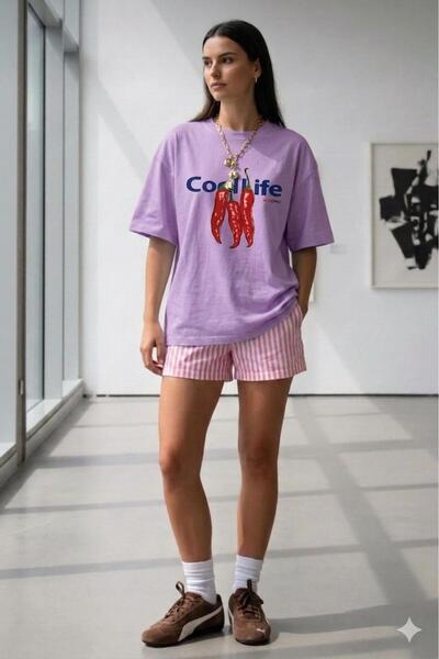 NO 601 Γυναικείο μπλουζάκι Lila Cool Life με στάμπα Oversize Loose Fit