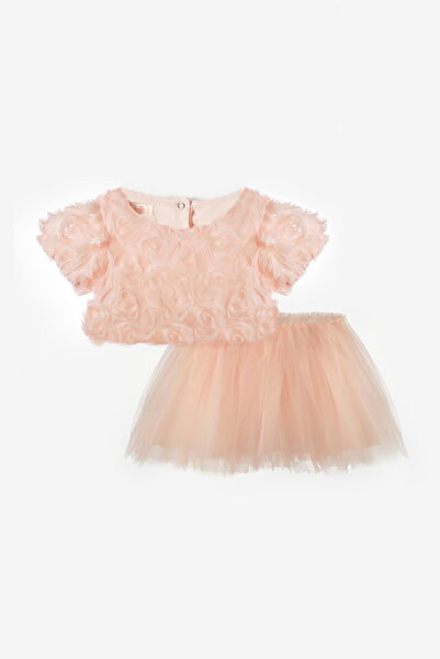 Le Mabelle Salmon Rose Detailed Cropped Tulle Skirt Girls' Two-Piece Set - Sa...