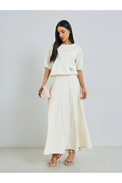 Styli Cream Floral Embroidered Top and Maxi Skirt Set Co-ords