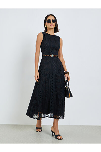 Styli Black Self-Design Midi Dress with Beaded Belt