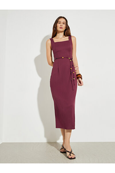 Styli Maroon Square Neck Midi Dress with Beaded Tie-Waist