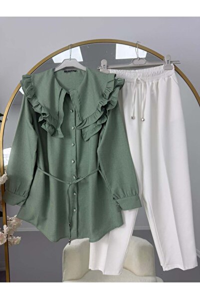 modasindoma Ruffle Collar Lace-Up Tunic Pants Set Green