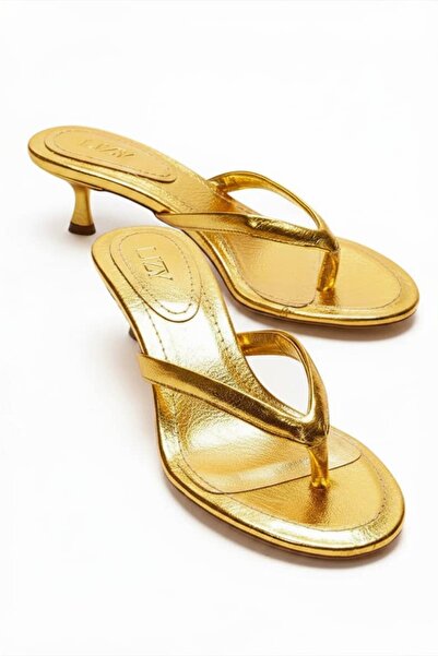 Lizy Shoes Flip-flops de damă din piele aurie, cu toc, eleganți, confortabili...