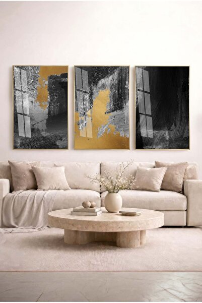 Zevahir Mobilya Dekorasyon Night Glittering Black, Gold Foil Abstract 3-Piece...
