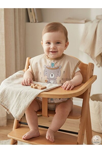 Gökçe Baby مريلة طعام للأطفال مقاومة للسوائل بنمط دب أمريكي أصلي مع جيوب