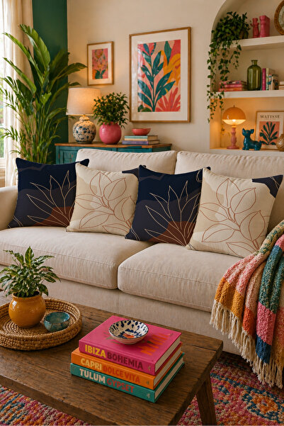 LadiesHome Navy Blue Beige Leaf Patterned 4-Piece Throw Pillow Cover 43X43 cm...