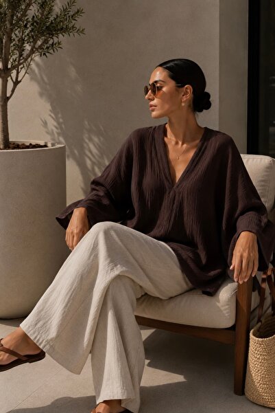 bb butik basic Women's Muslin Oversize Blouse Loose Cut Summer Basic Jacket M...