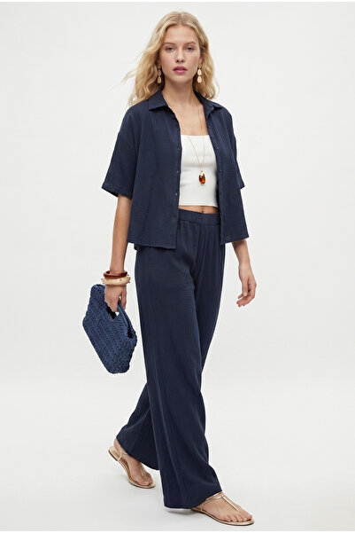 Ritnice Women's Hudson 100% Cotton Muslin Shirt Pants Navy Blue Bottom Top Set