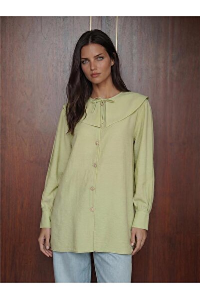 WeShaya E.Green Viscose Textured Baby Collar Long Sleeve Buttoned Straight Cu...