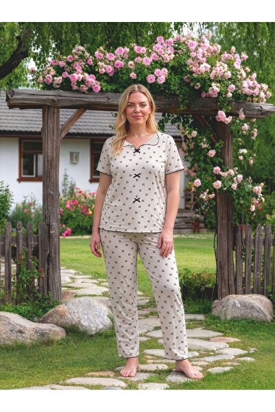 LİLA İÇ GİYİM Battal Bowknot Short Sleeve Pajama Set