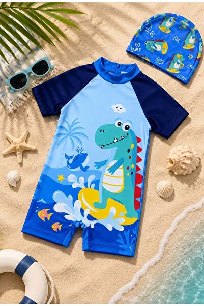 Lolliboomkids Boys' mini dino wave surfer style short sleeve swimsuit and cap...