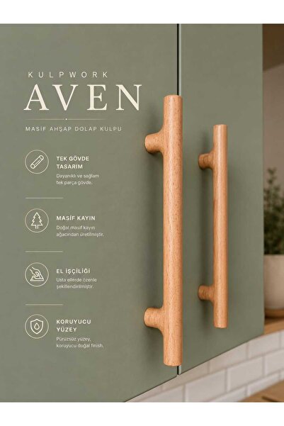 Kulpwork Aven Masif Ahşap Mobilya Mutfak Dolap ve Çekmece Kulpu Natural 96mm ...