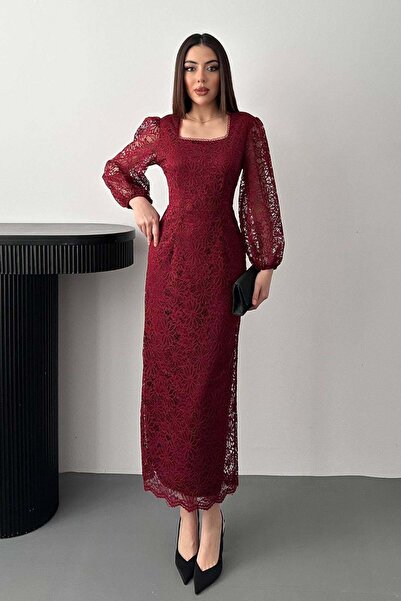 Caddebostan Moda Guipure Detailed Lace Long Sleeve Square Neck Stylish Evenin...