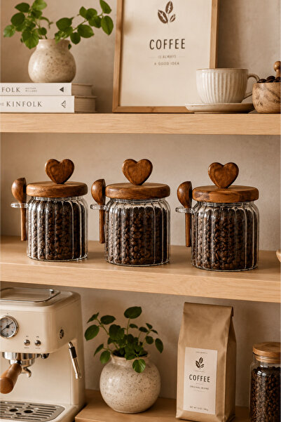 welcomein 3-Piece Glass Storage Jar Set with Acacia Lid, Heart Handle, and Spoon for Coffee, Sugar, Turkish Delight, and Nuts