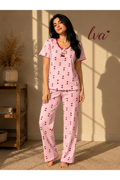 LVA Pembe Kırmızı Kalp Kadın Pijama Takımı