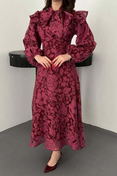 Caddebostan Moda Scarf Collar Patterned Balloon Sleeve Jacquard Long Dress