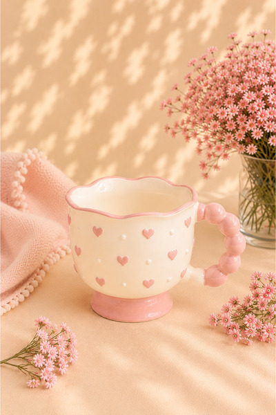 Çağ Seramik Heart Patterned Handmade Ceramic Mug – Cream Coffee Cup with Pink...