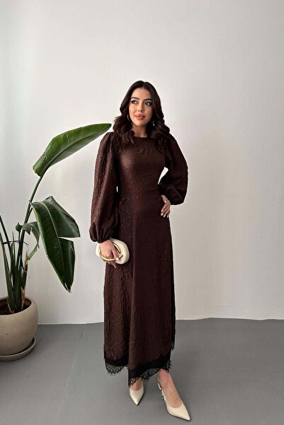 Caddebostan Moda Embossed Lace Detailed High Neck Long Dress Balloon Sleeve S...