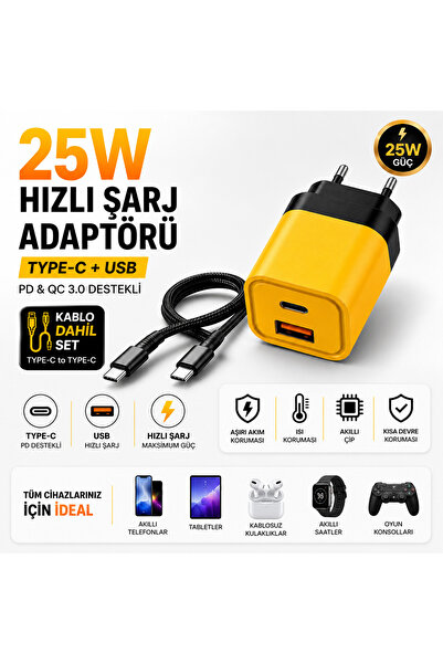 Genel Markalar 25W Hızlı Şarj Sarı Adaptörü + Type-C to Type-C Kablo Seti | P...