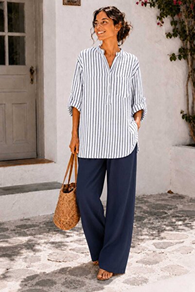 Butik Şans Women's Striped Button Detailed Oversize Three Quarter Sleeve Ital...