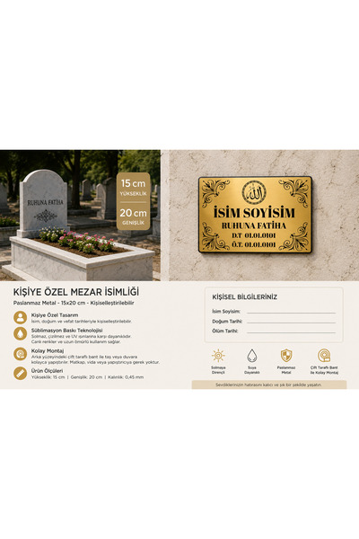 HobiShop Kişiye Özel Metal Mezar İsimliği 15x20 cm – Paslanmaz Metal Levha –B...