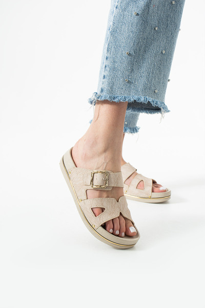 TrendWalk Women's Beige Leather Slippers with Window Buckle and Gold Detail, ...