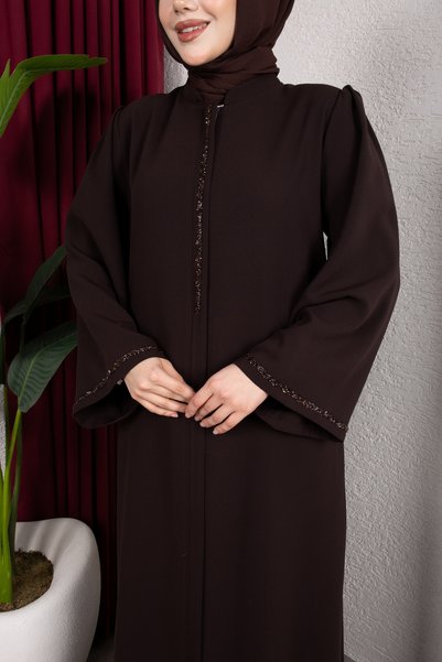 Işıltı Ferace Wide Sleeve Detailed Zehra Ferace (Bitter Brown)