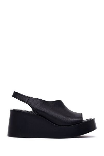 Derimod Women's Black Wedge Heeled Leather Comfort Sandals 26Sfd342518