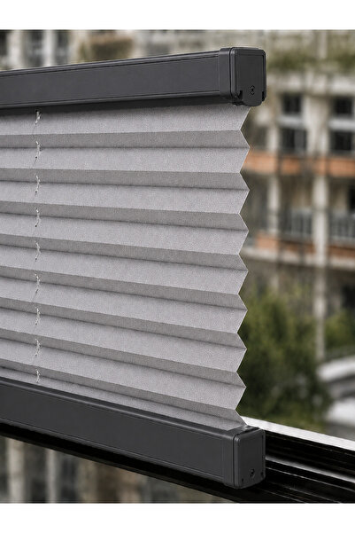 PLİSANSS Plise Perde (AÇIK GRİ KUMAŞ + ANTRASİT PROFİL KASA) Cam Balkon Perdesi