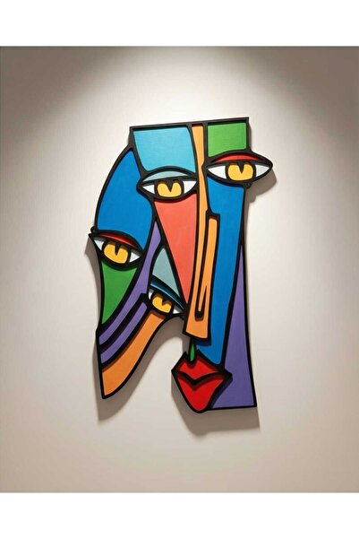 El Yapımı Modern Picasso Tarzı Soyut Yüz Maskesi MDF - Renkli Çok Gözlü Ahşap Duvar Sanatı