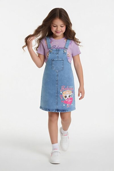 Cansın Mini Lilac Heart Ballerina Patterned Badili Jean Salopetli Girl's Set ...