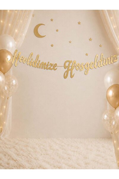 Parti Adresi Mevlidimize Hoşgeldiniz Yazılı Kaligrafi Banner Dekoratif Süs Gold