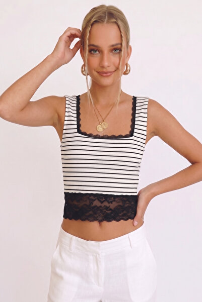 QBZ Lace-Detail Striped Crop Top