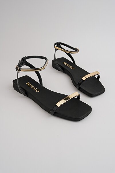 MUGGO Meis Gold Metal Detailed Square Toe Ankle Strap Flat Women's Sandals
