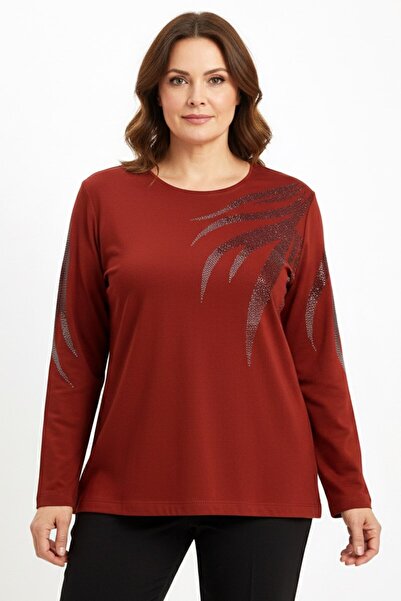 hadiora Women's Red Shoulder and Sleeve Stone Detailed Combed Cotton Blouse