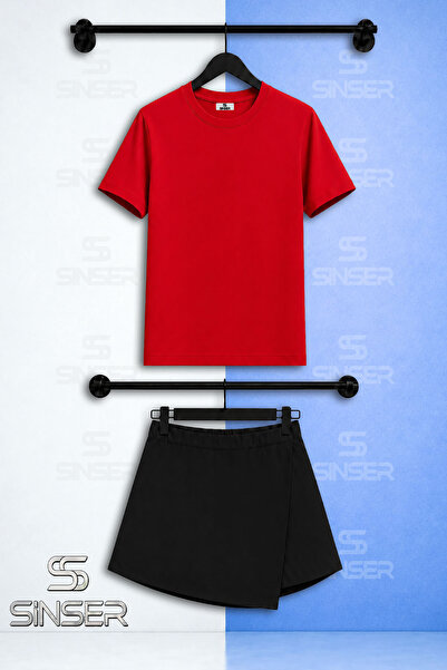 SS SİNSER Kiz Set Plain Unprinted Short Sleeve T-Shirt Shorts Skirt