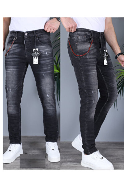 m.baba Erkek Mavi Slim Fit Yıkamalı Jeans Kot Pantolon