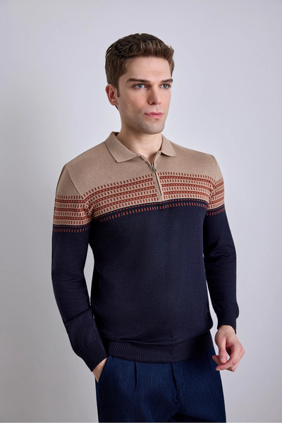 MARDA Patterned Polo Collar Zippered Knitwear