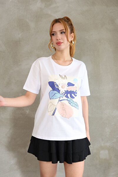 OLİVA Olivia Women's White Leaf Pattern Printed Short Sleeve Oversize T-Shirt